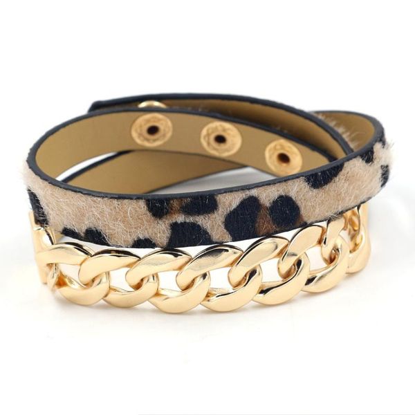 

bangle fashion jewelry 2021 exaggerated nightclub versatile personalized metal chain leopard print pu leather bracelet, Black