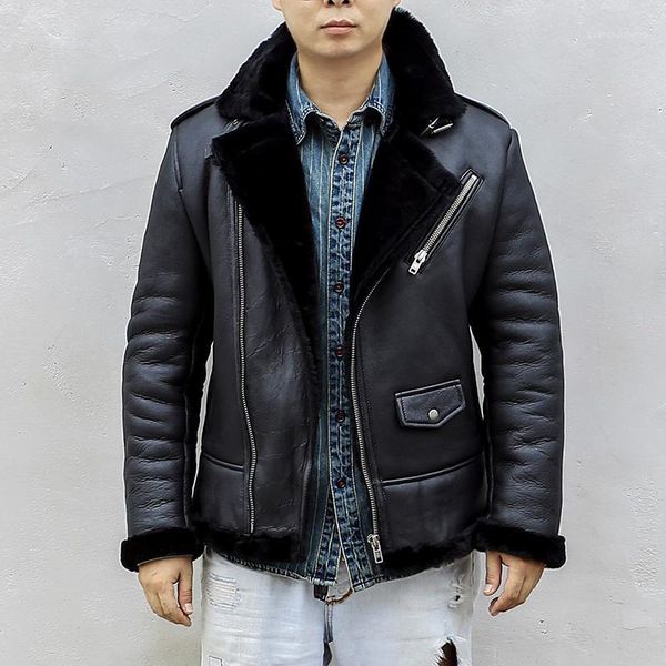 

men's leather & faux black 2021 men winter warm genuine shearling coat plus size 4xl real thick sheepskin slim fit russian