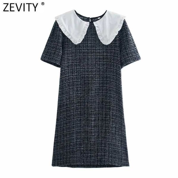 Zevidade Mulheres Vintage Agaric Lace Peter Pan Collar Patchwork Houndstooth Mini Mini Vestido Feminino Chique Casual Quimono Vestido DS8111 210603