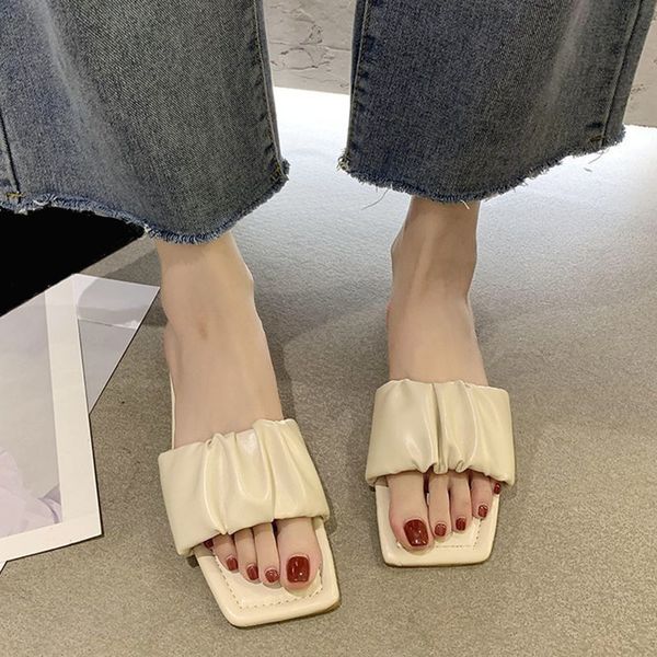 

slippers lucyever fashion pleated summer 2021 comfort soft bottom square heels slides woman outdoor solid color flat beach shoes 2, Black
