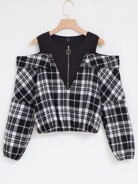 

plaid o-ring zipper cold shoulder blouse v05u#, White