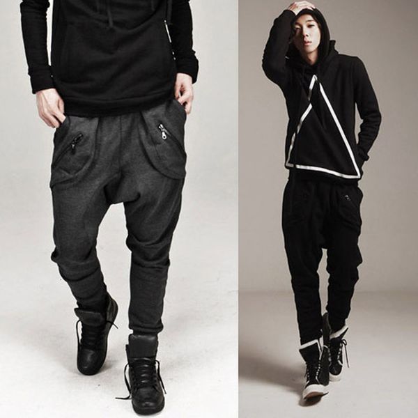 

men's pants fashion casual men harem hip hop loose streetwear zipper pocket low crotch pants pantalones hombre nx0b, Black