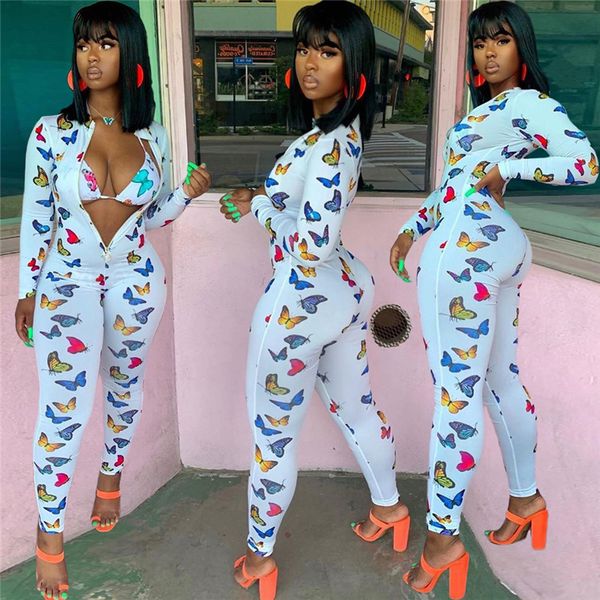 

Butterfly Full Length Pants Bodysuit with Bra Skinny Jumpsuits for Woman with Zipper Spring Autumn Fashion Female Rompers, White