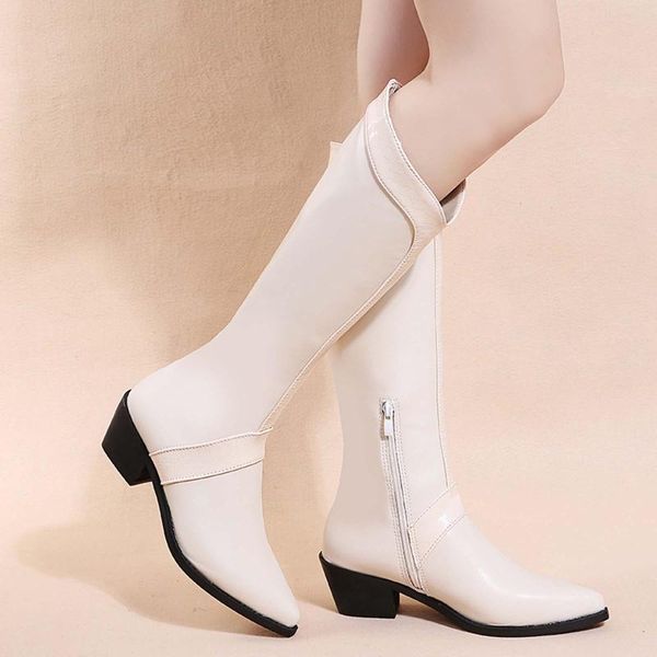 

boots women's long leather platform thick heel pointed knight shoes fashion autumn winter warm motorcycle knee high #40, Black