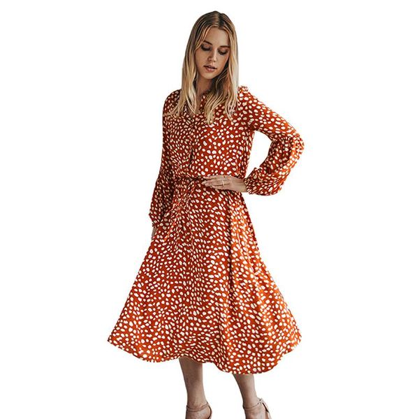 

casual dresses 2021 autumn spring women's long bohemian high waist loose dot print lantern sleeve v neck with buttons dress, Black;gray