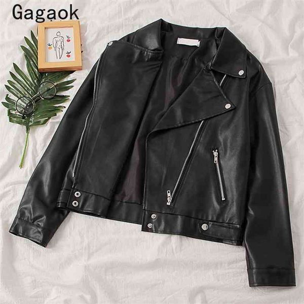 

women pu jackets streetwear spring autumn solid zippers full pockets turn-down collar loose wild coats k3832 210531, Black;brown