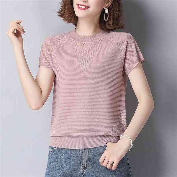 

casual short sleeve knitwear female summer solid hollow out patchwork knitted t-shirt fashion o-neck womens clothing 210522, White