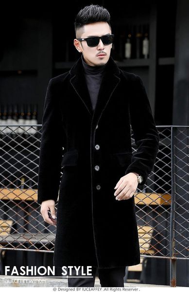

men's leather & faux real fur men sheep shearing wool coat winter long single button warm parka black overcoat outwear lx2549