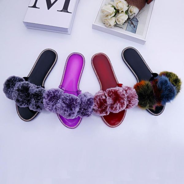 

summer women slippers faux fur slides for fluffy outside female shoes woman crystal pvc, Black