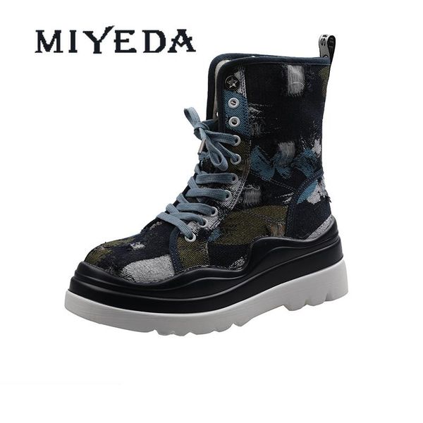 

boots miyeda women lace-up fashion designer platform female mid-calf boot modern style personality leisure lady canvas shoes, Black
