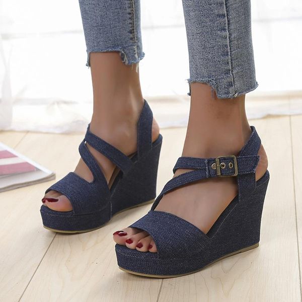 

dress shoes ladies wedge sandals 2021 summer solid color open-toed casual thick-soled outdoor denim buckle 35-43, Black