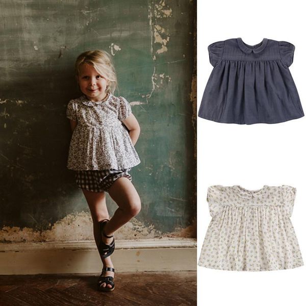 

summer spot children's clothing baby bubble sleeve lapel cotton short section shirt small fresh floral doll skirts, Blue