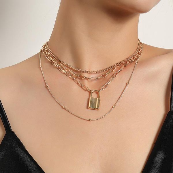 

pendant necklaces punk multilayer thick chains lock choker for women vintage geometric beads colar necklace jewelry gift, Silver
