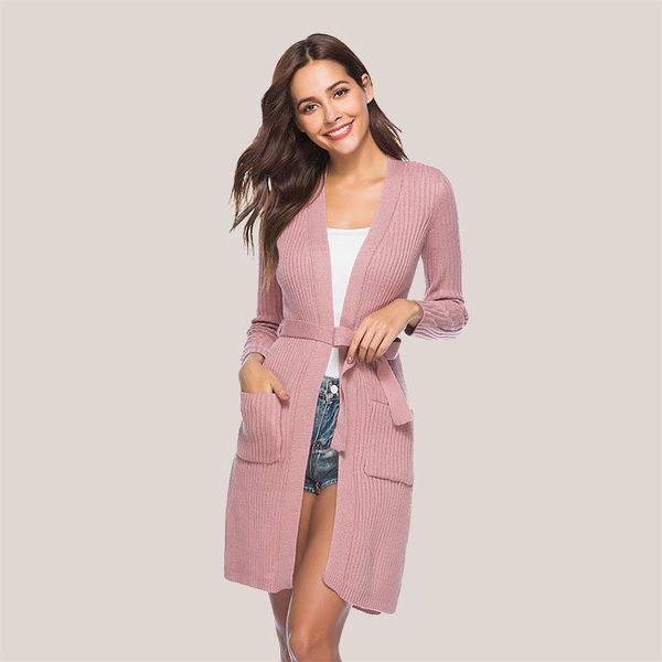 

women's knits & tees jiali autumn winter sweater women cardigan adjustable waist long sleeve v-neck loose mid-length knitted ladies cas, White