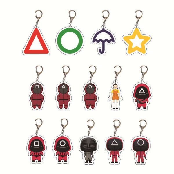 

tv squid game acrylic keychain rings popular toy soldier decoration anime around wooden man pendant gift bag charms keyring holder cartoon c, Slivery;golden