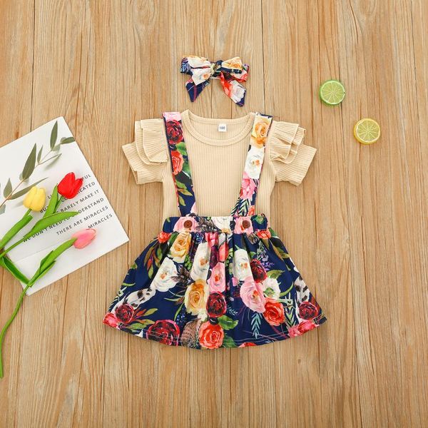 

clothing sets 3pcs little girls clothes summer solid color sleeve round collar + floral printing suspender skirt bow headwear, White