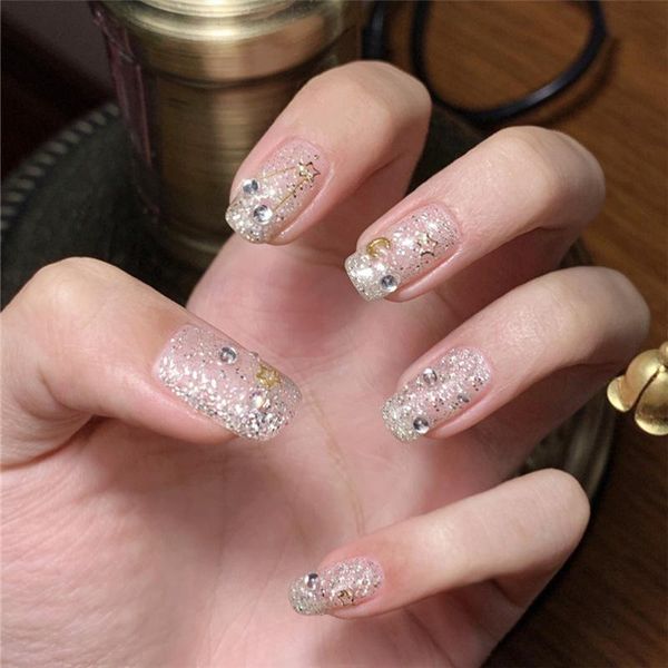 

false nails 24pcs silver moon and star wear nail stickers finished full cover fake artificial press on with glue, Red;gold