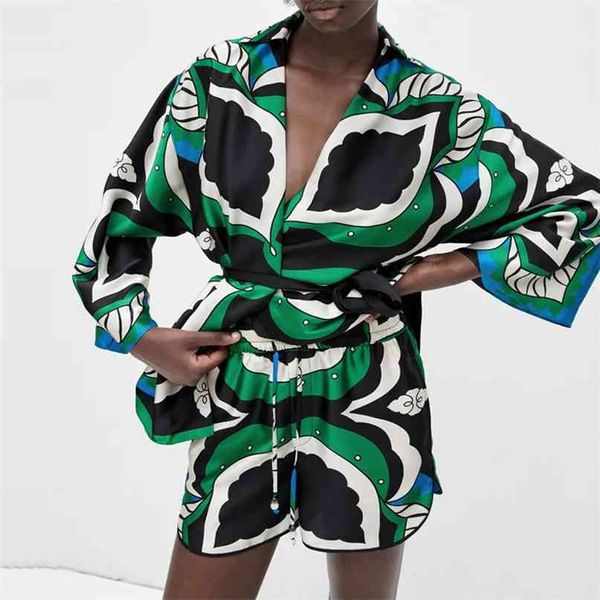 TRAF ZA Bermuda Shorts Mulher Verde Verde Print Cintura Alta Calças Curtas Mulheres Vintage Solto Casual Streetwear Sets 210621