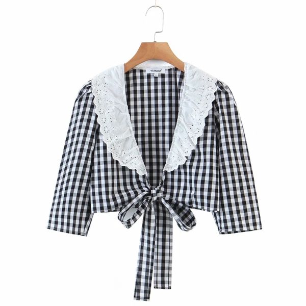 

spring women ruffle v neck lace up plaid short shirt female three quarter sleeve blouse casual lady crop blusas s8608 210430, White