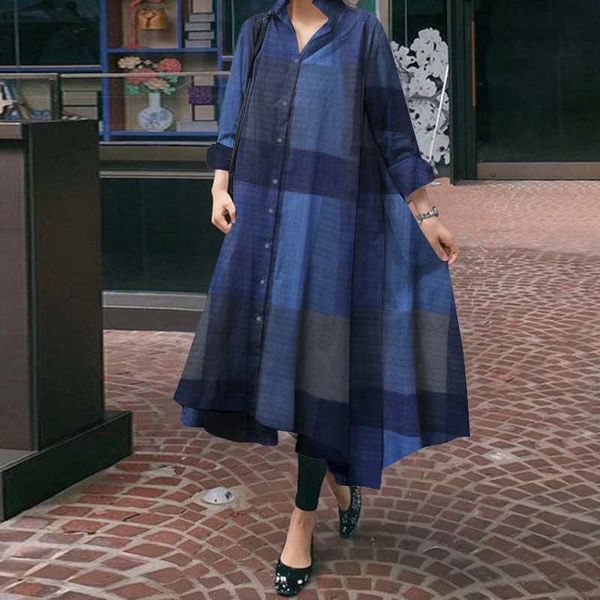 

women's blouses & shirts casual loose print fashion vestidos vonda vintage plaid dresses lapel long sleeve sundress 2021 autumn wo, White