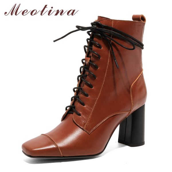 

meotina women short boots shoes real leather block heels ladies boots square toe zip lace up high heel ankle boots autumn winter 210520, Black