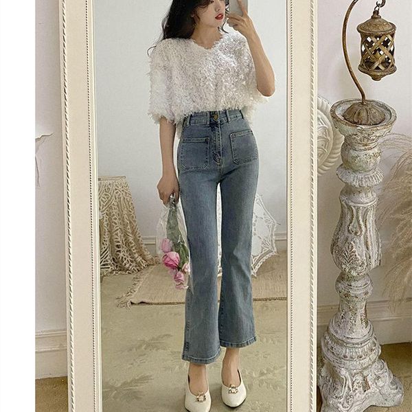 

women's jeans woman pants 2021 spring and autumn casual high waist cropped pantalones vaqueros mujer, Blue