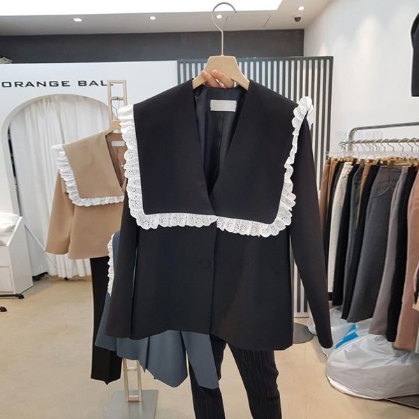 

women's suits & blazers [ewq] 2021 autumn winter korean loose sailor collar small suit coat female lace splicing short blazer tide 16, White;black