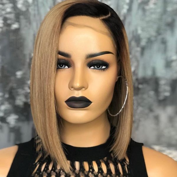 

lace wigs straight short bob 13x4 front human hair remy brazilian 180% ombre ash blonde for women, Black;brown