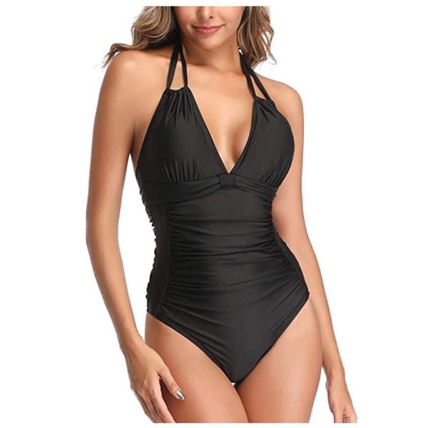 

one-piece suits xme tummy control swimwear black halter one piece swimsuit ruched padded bathing for women slimming v neck bikini
