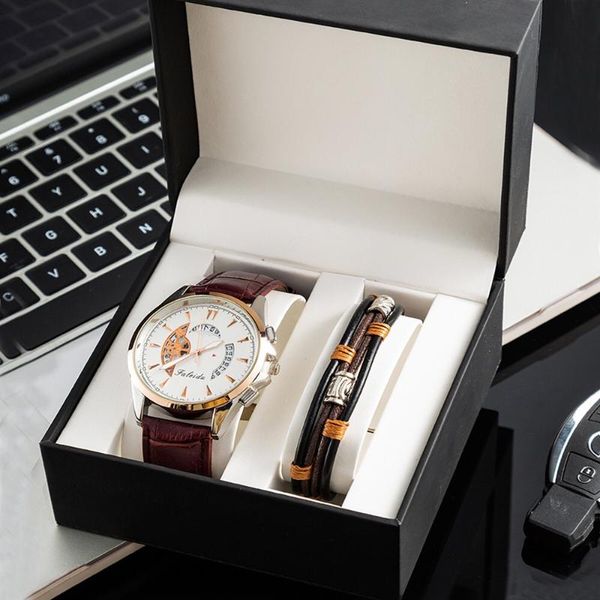 

wristwatches men leather wristwatch bracelet set luxury brand fashion sports quartz watch men's cowhide bracelets 2pcs relogio masculin, Slivery;brown