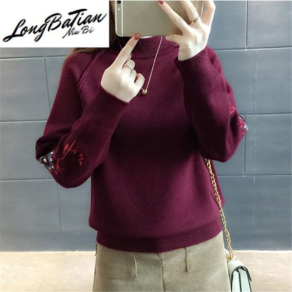 

women's sweaters autumn winter women embroidery knitted turtleneck sweater casual soft half high neck jumper fashion femme elasticity p, White;black