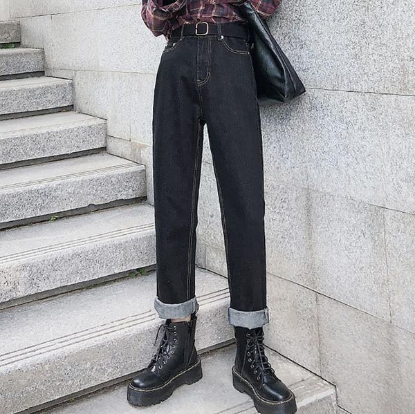 

loose straight plus velvet autumn womens jeans and winter black high waist daddy wide leg pants, Blue
