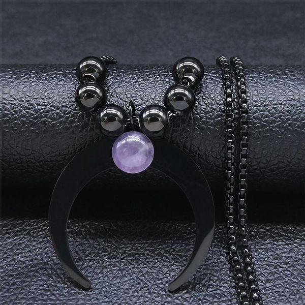 

pendant necklaces moon purple crystal stainless steel charm for men/women black color bead jewelry joyas mujer n3107s02, Silver