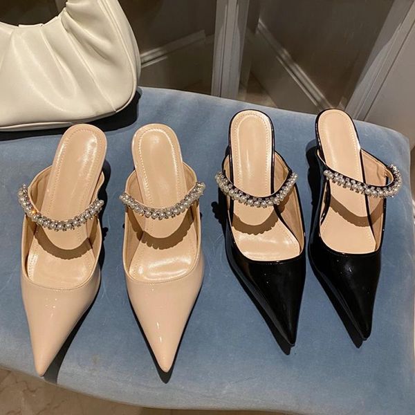 

women slippers fashion pointed toe mules shoes for woman thin low heels crystal female slides elegant, Black