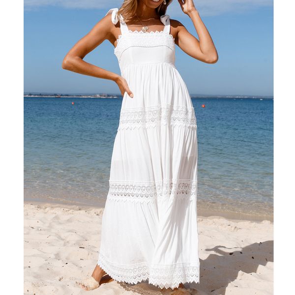 

ladies beach suspender dresses women summer lace splicing sleeveless long strap dress white sundress clothing, Black;gray