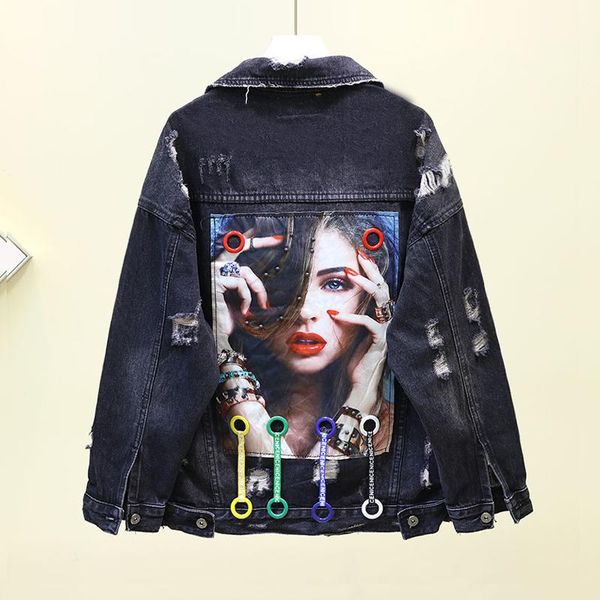

women's jackets vintage jacket women 2021 autumn black denim loose holes outwear female students casual jeans coats street p534, Black;brown