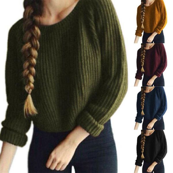 

women's sweaters short knit round leisure cut solid sweater color neck women long sleeve, White;black
