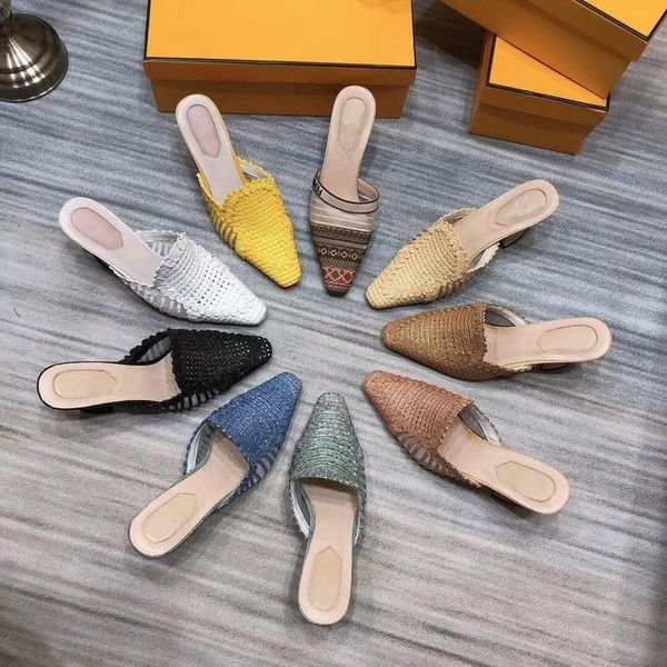 

slippers weaved high heels women embroider mules pointed closed toe 2021 summer ladies slides fashion designer, Black