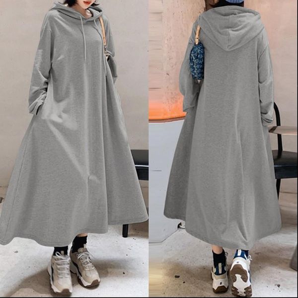 

stylish hooded hoodies dress womens women autumn casual long sleeve maxi vestidos female solid robe oversized, Black;gray