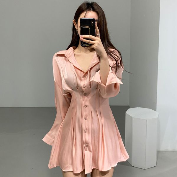 

casual dresses fancy korean dress sleek waist gleam folds woman back lace to lapel only breasted long shirt sleeve 5u0s, Black;gray