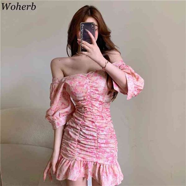 Koreanische Vintage Puff Sleeve Party Kleid Floral Tie Dye Frauen Off Schulter Sommer Kleider Sexy Mini Robe Femme Vestidos 210519