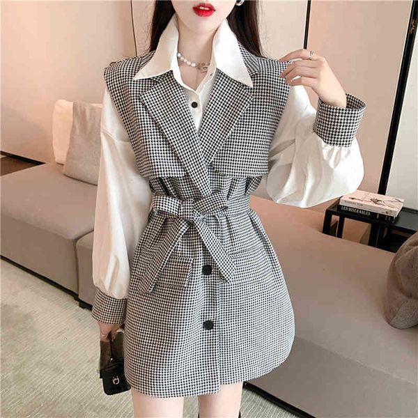

women's vests outono houndstooth magro feminino colete com cinto de comprimento mÃ©dio gilet jaqueta + versÃ¡til solto manga longa camisa, Black;white