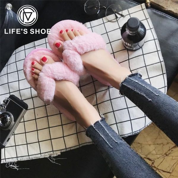 

slippers fashion women home faux fur warm shoes woman slip on flats female flip flops plus size  color11, Black