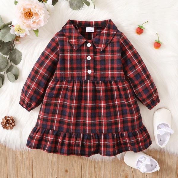 

girl's dresses autumn baby girls infant casual princess dress toddlers children's christmas plaid print long sleeve lapel button 1, Red;yellow