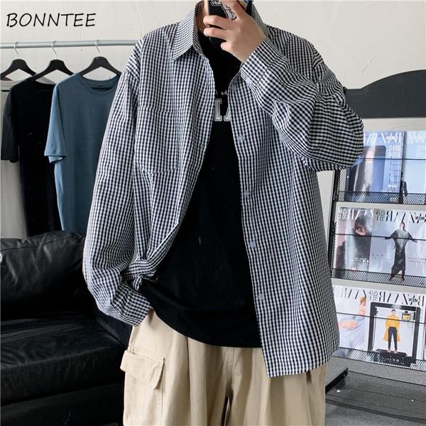 

men's casual shirts plaid men simple all-match classic students daily long sleeve outerwear harajuku high street handsome males trendy, White;black