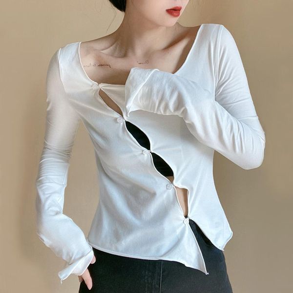 

women's blouses & shirts women o neck asymmetric placket shirt with flare sleeve s956, White