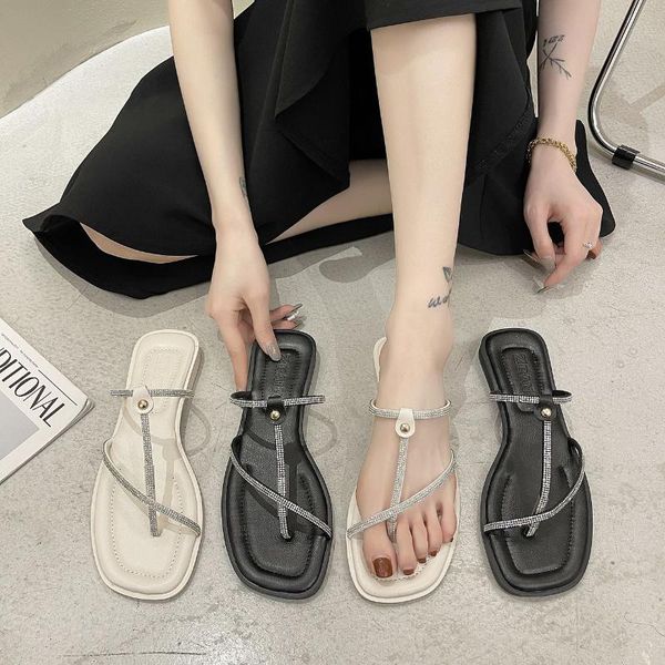 

shoes woman 2021 slippers soft rubber flip flops luxury slides pantofle shallow comfort hawaiian designer glitter flat cryst, Black