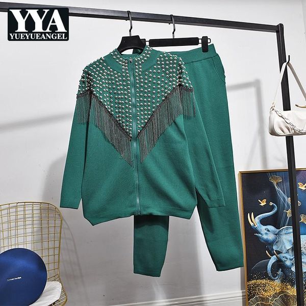 

autumn winter tassel beaded knitting suit cardigan jacket casual trousers women two-piece sets office lady elegant korean women's two p, White