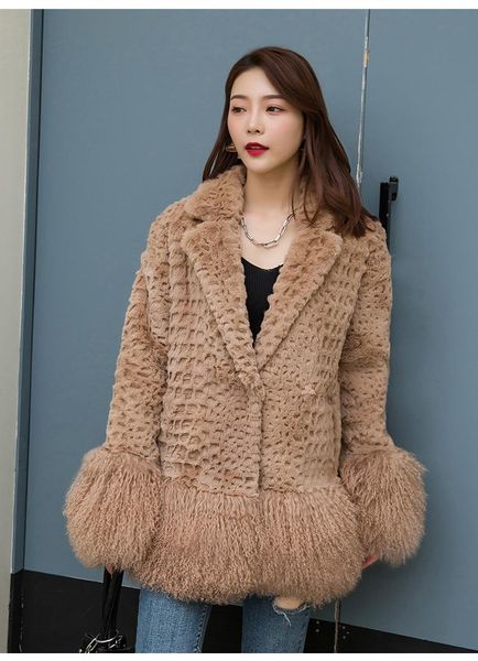 

women's fur & faux real genuine natural coat with lamb hem and cuffs lady fashion english-collar jacket, Black