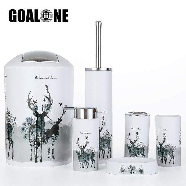 

6pcs bathroom set grey tree deer accessories with trash can toothbrush holder soap dispenser toilet brush bath accessory